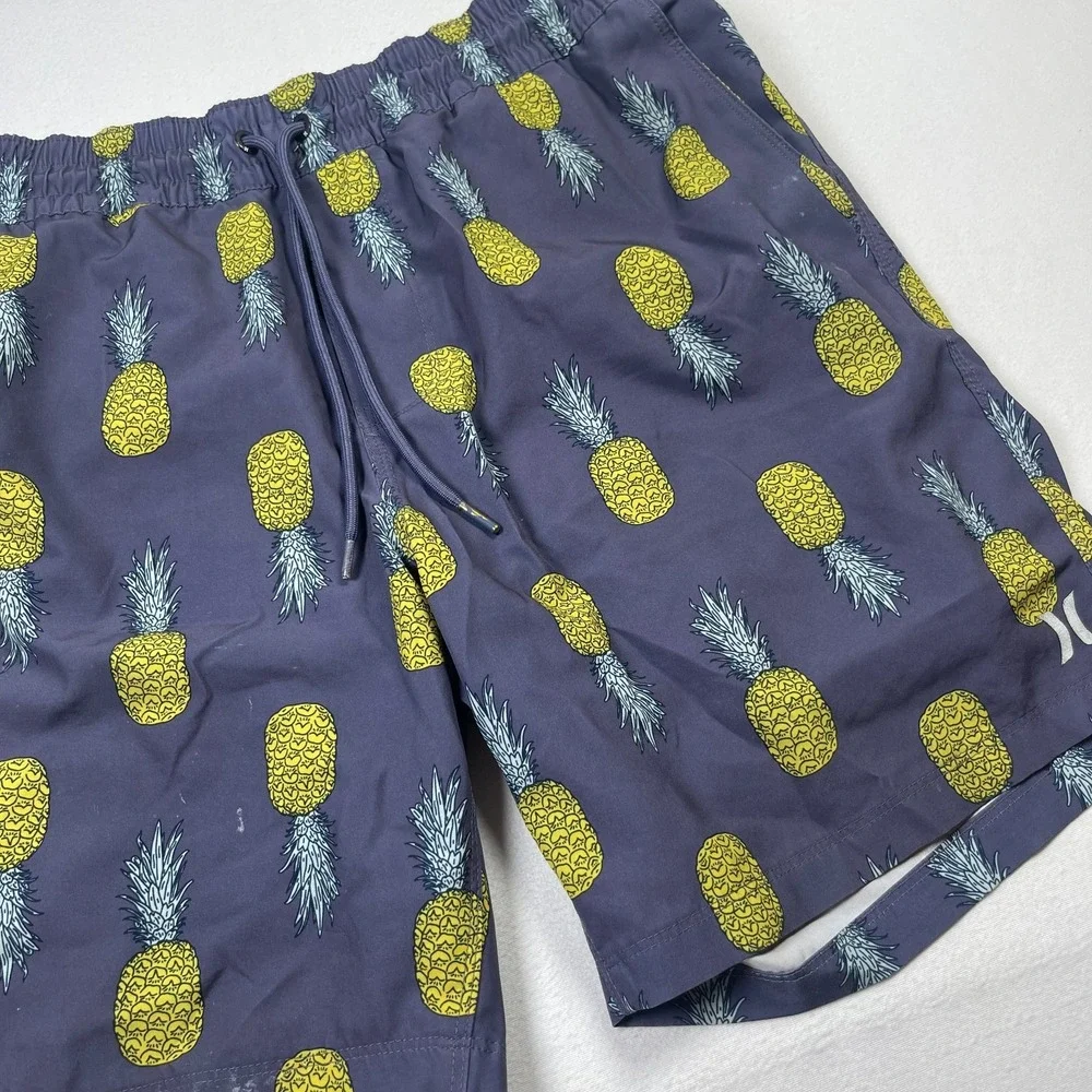 Hurley Swim Shorts Men's Large Gray Pineapple Print Nylon‎ Stretch Drawstring